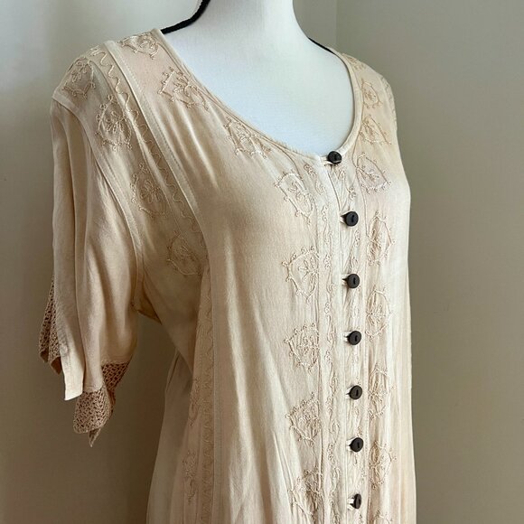 Vintage My Choice Cream Ivory Embroidered Maxi Dress Tie-Back Crochet Boho 90s - Picture 2 of 7